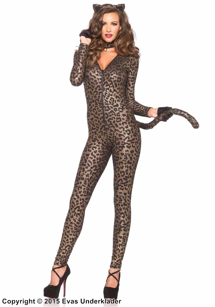 Leopard (kvinne), kostyme-catsuit, glitrende lurex, hale, glidelås på forsiden